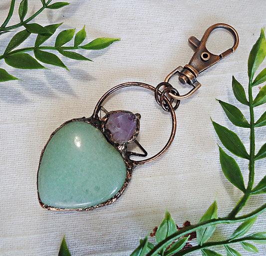 Green Aventurine and Amethyst Large Stone Heart Bag Charm, Antique Copper, Swivel Clasp, 2.25" Dangle