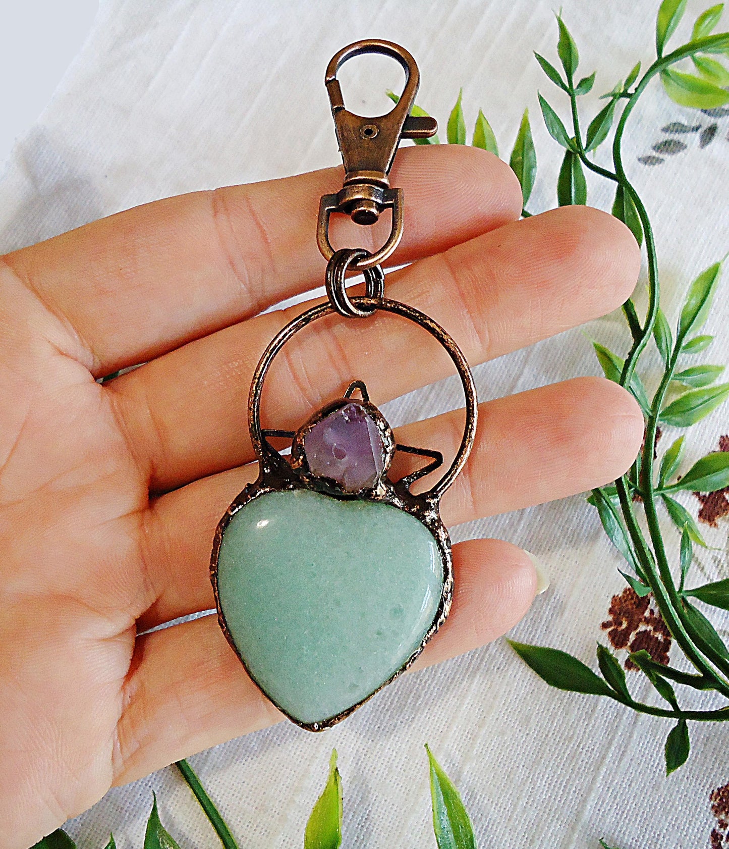 Green Aventurine and Amethyst Large Stone Heart Bag Charm, Antique Copper, Swivel Clasp, 2.25" Dangle