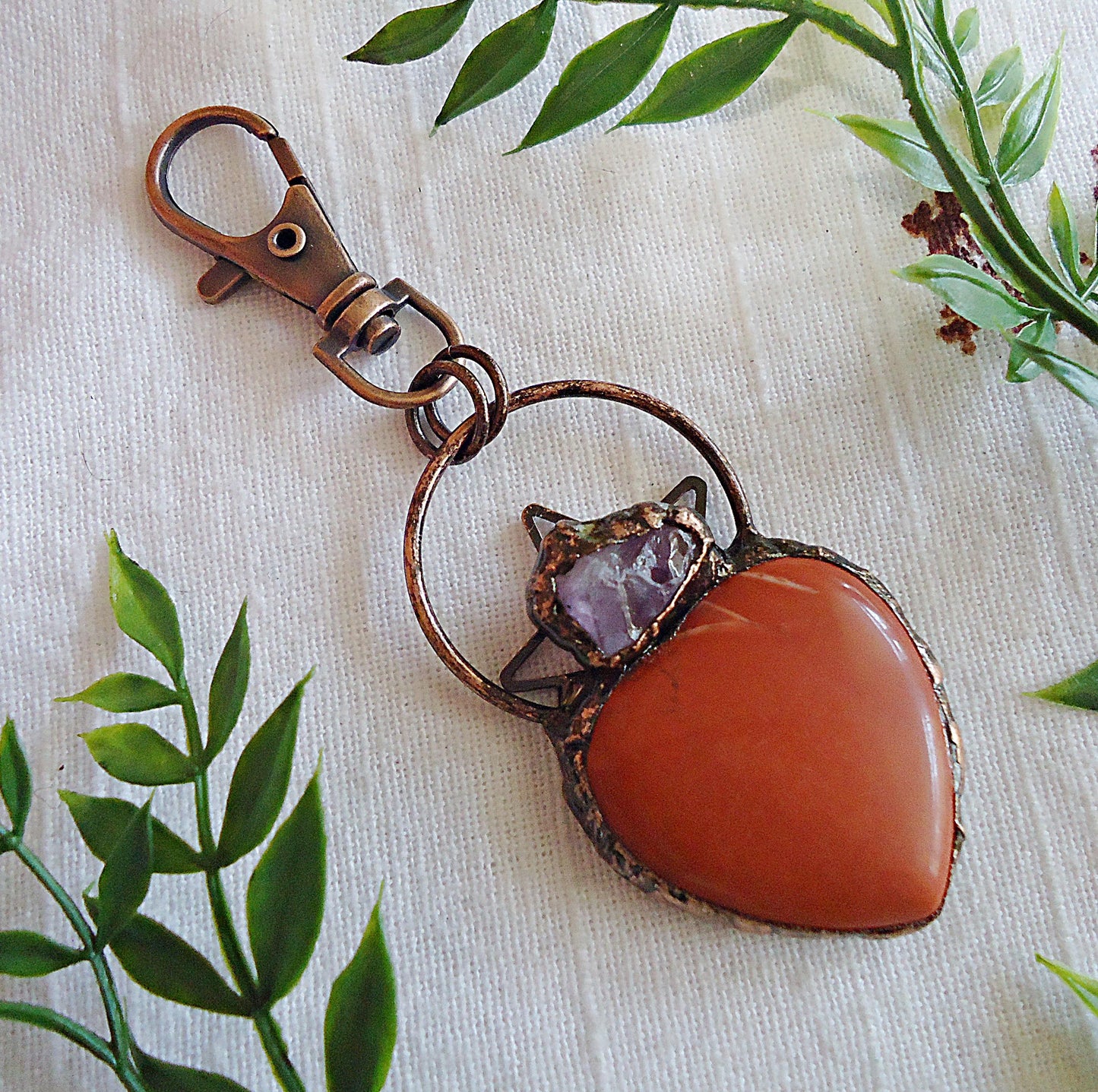 Red Jasper and Amethyst Large Stone Heart Bag Charm, Antique Copper, Swivel Clasp, 2.25" Dangle