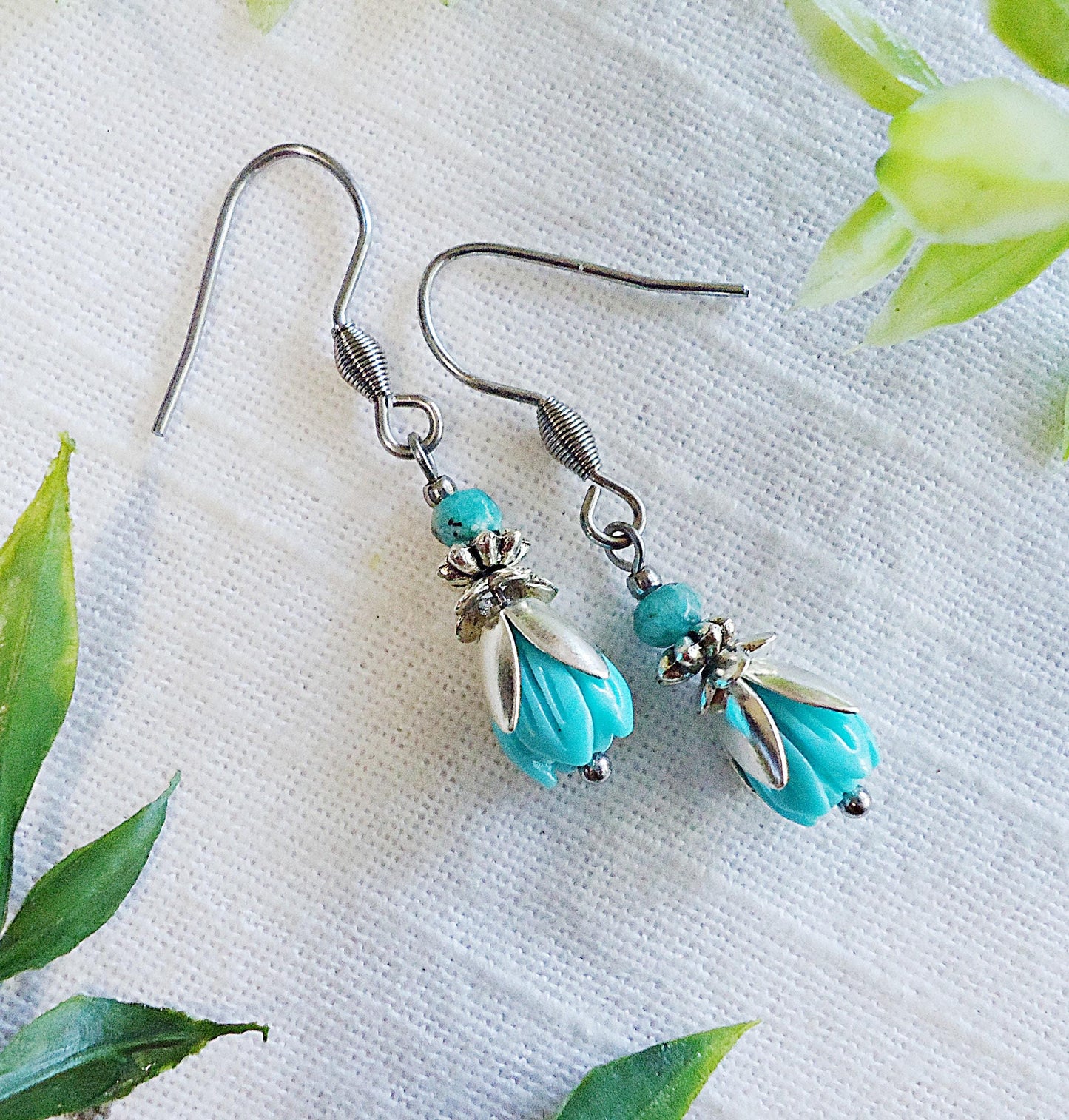 Small Turquoise Tulip Flower Earrings, Stainless Steel Hoops, Silver and Turquoise Blue Earrings