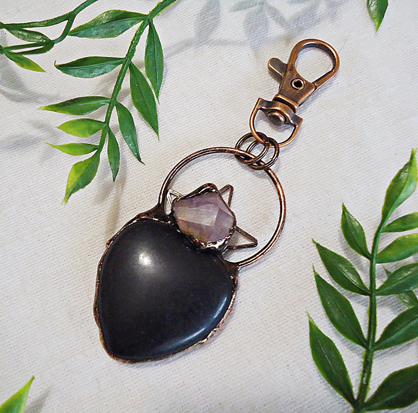 Black Obsidian and Amethyst Large Stone Heart Bag Charm, Antique Copper, Swivel Clasp, 2.25" Dangle