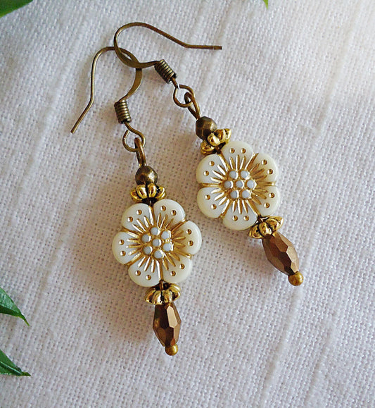 Alabaster White Flower Earrings, Bronze Copper Gold Dangle Earrings, 1 inch dangle