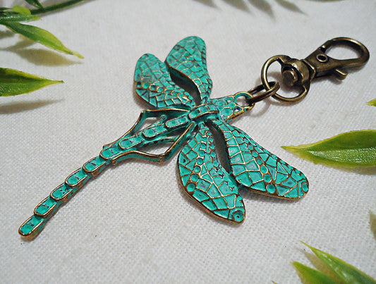 Large Dragonfly Bag Charm, Zipper Pull, Verdigris Green and Bronze, 2" Dangle