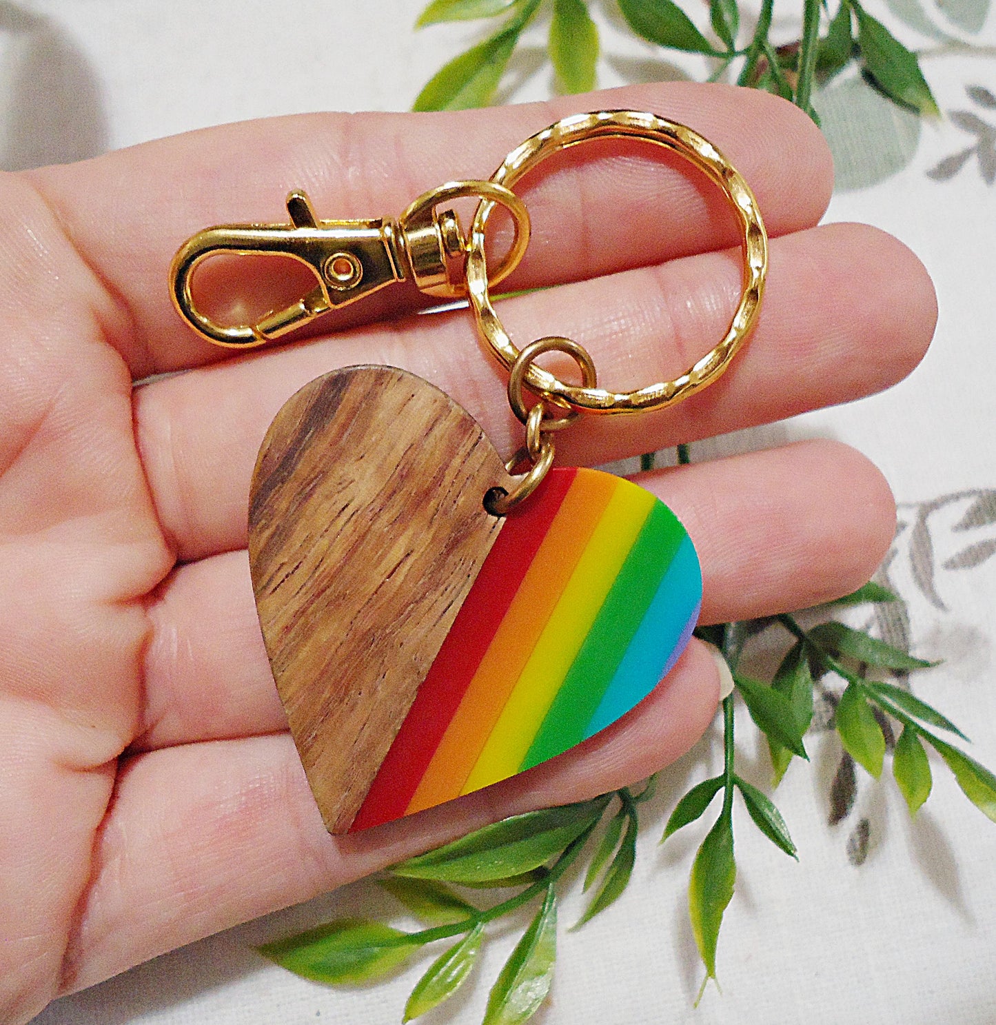 Large Heart Rainbow Wood Keychain Bag Charm, Rainbow Resin and Walnut Wood, Zipper Pull, Gold Hammered Keychain, Purse Charm