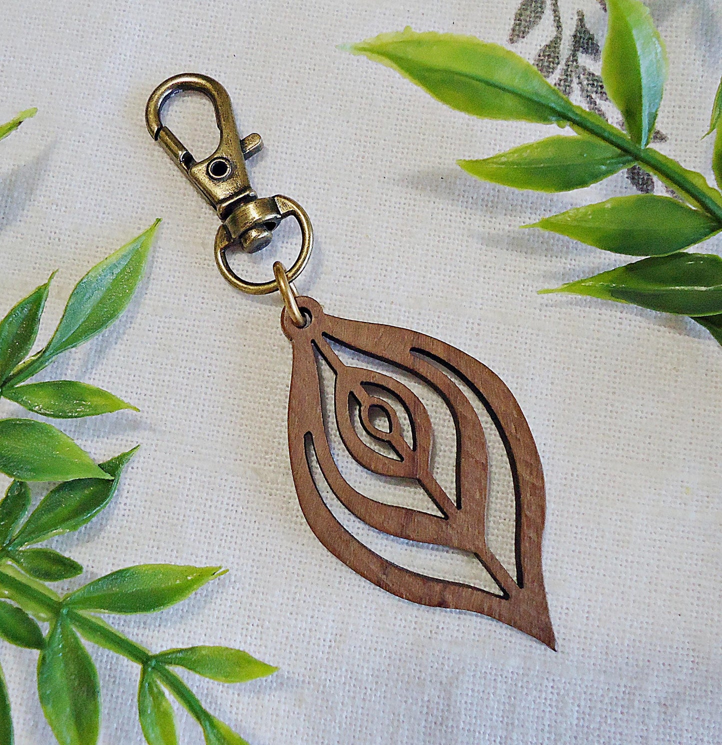 Lightweight Wooden Bag Charm, Laser cut Wooden Leaf Purse Charm Zipper Pull, 2" Long, Walnut Wood