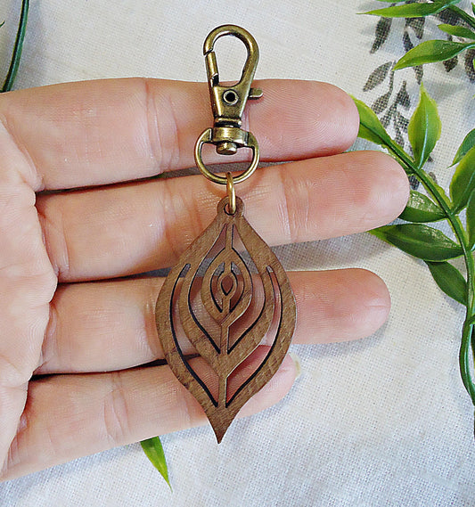 Lightweight Wooden Bag Charm, Laser cut Wooden Leaf Purse Charm Zipper Pull, 2" Long, Walnut Wood