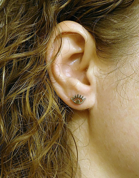 Small Silver Stud Earrings, Eyes, Eyelashes, Stainless Steel, 10mm Wide, Hypoallergenic, Non-Tarnishing