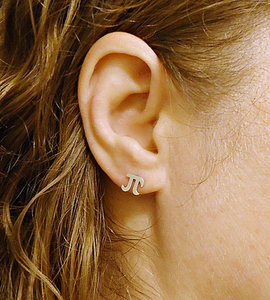 Small Silver Stud Earrings, Pi Symbol, Stainless Steel, 10mm, Hypoallergenic, Non-Tarnishing, Pi Day Earrings, Pi Stud Post Earrings