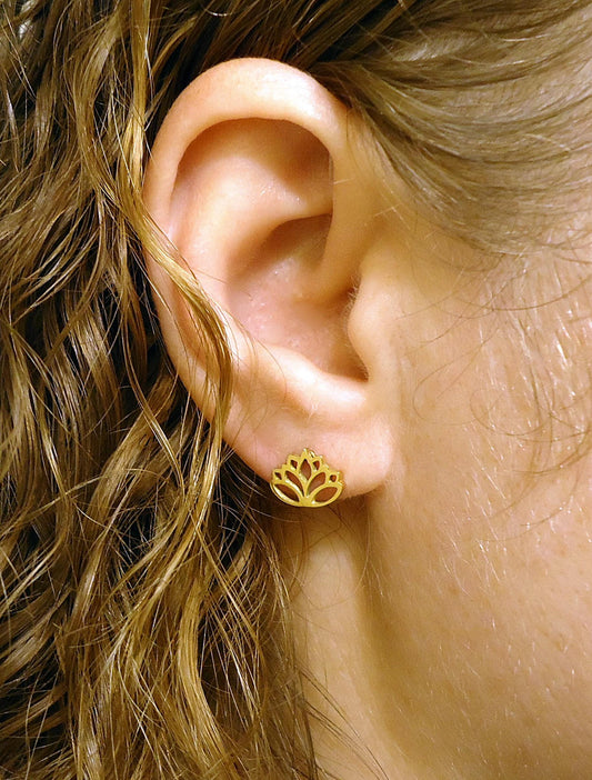 Tiny Gold Lotus Stud Earrings, Gold Plated Stainless Steel, Hypoallergenic, 10mm Wide, Minimalist, Lotus Flower Posts