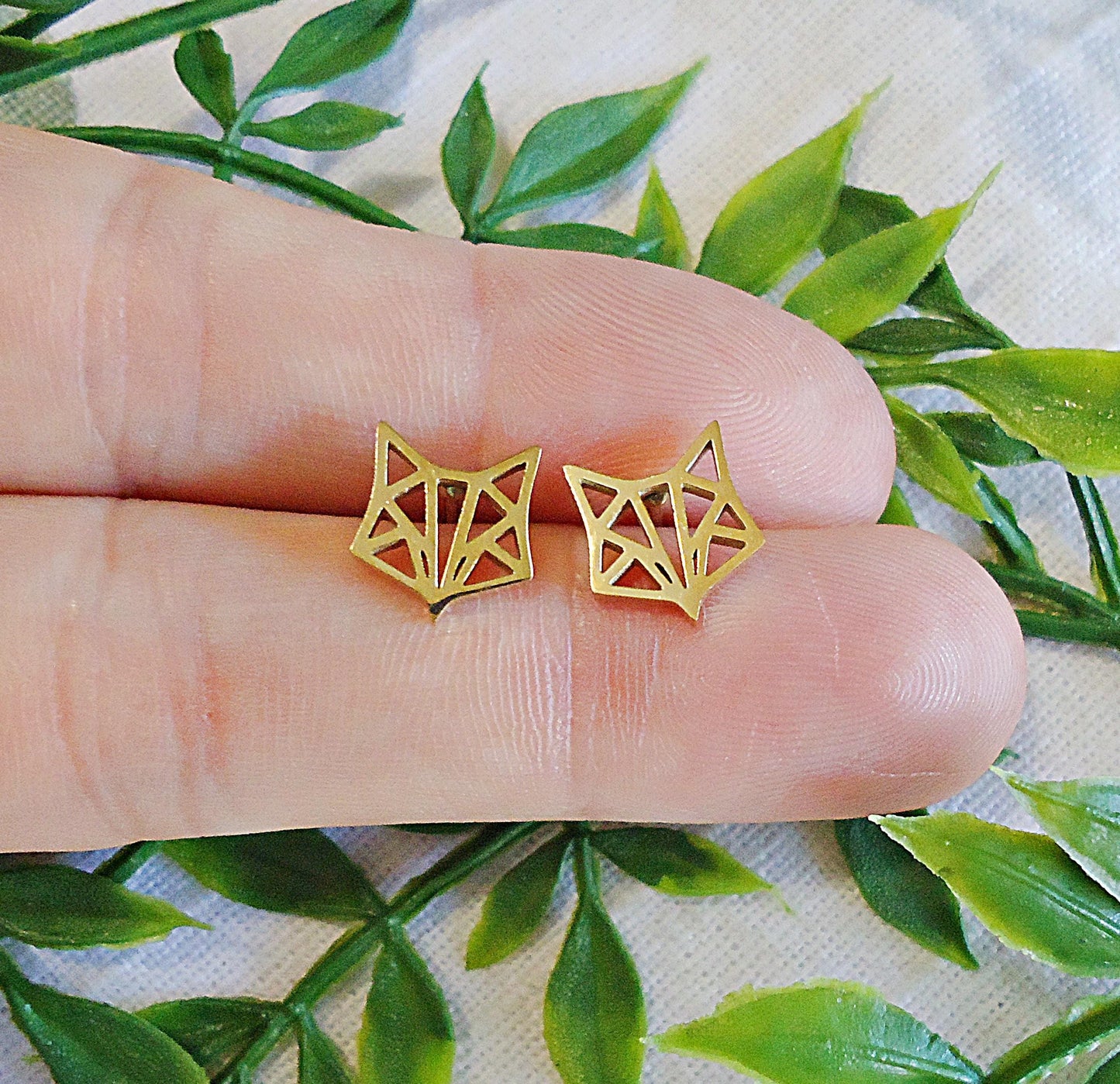 Tiny Gold Fox Stud Earrings, Gold Plated Stainless Steel, Hypoallergenic, 9mm Wide, Minimalist, Gold Origami Fox Head Post Earrings