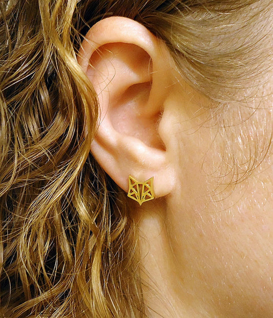 Tiny Gold Fox Stud Earrings, Gold Plated Stainless Steel, Hypoallergenic, 9mm Wide, Minimalist, Gold Origami Fox Head Post Earrings
