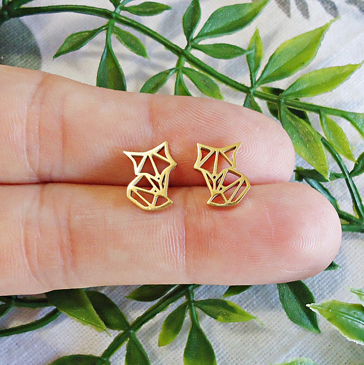 Tiny Gold Fox Stud Earrings, Gold Plated Stainless Steel, Hypoallergenic, 10mm Tall, Minimalist, Gold Origami Fox Post Earrings