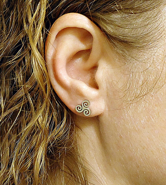 Small Silver Stud Earrings, Triskelion, Celtic Spiral Knot , Stainless Steel, 9mm, Hypoallergenic, Non-Tarnishing, Triskele