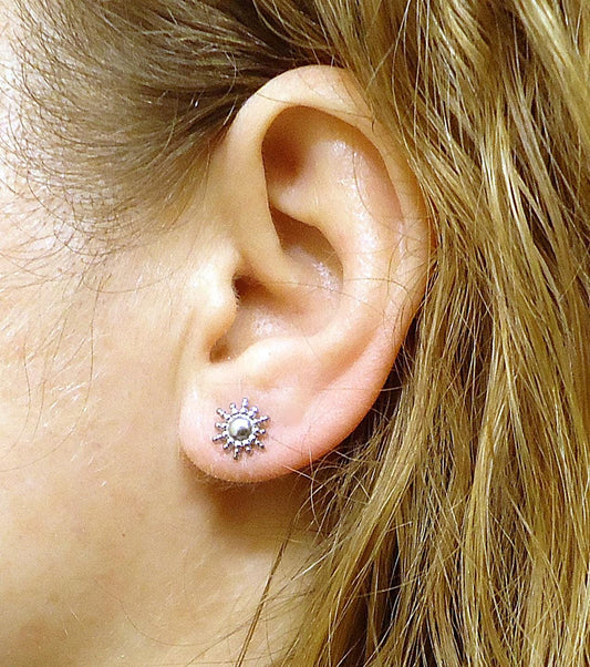 Tiny Silver Sun Stud Earrings, Stainless Steel Summer Stud Earrings, 8mm, Textured Sun, Hypoallergenic, Non-Tarnishing