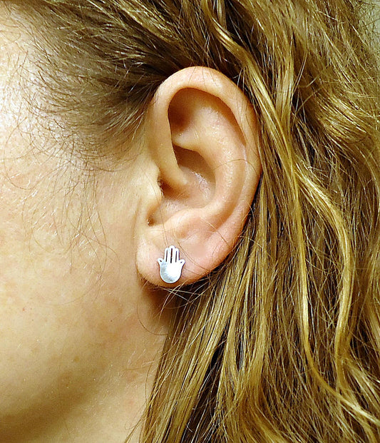 Small Silver Hamsa Stud Earrings, Hand of Fatima, Stainless Steel, 10mm