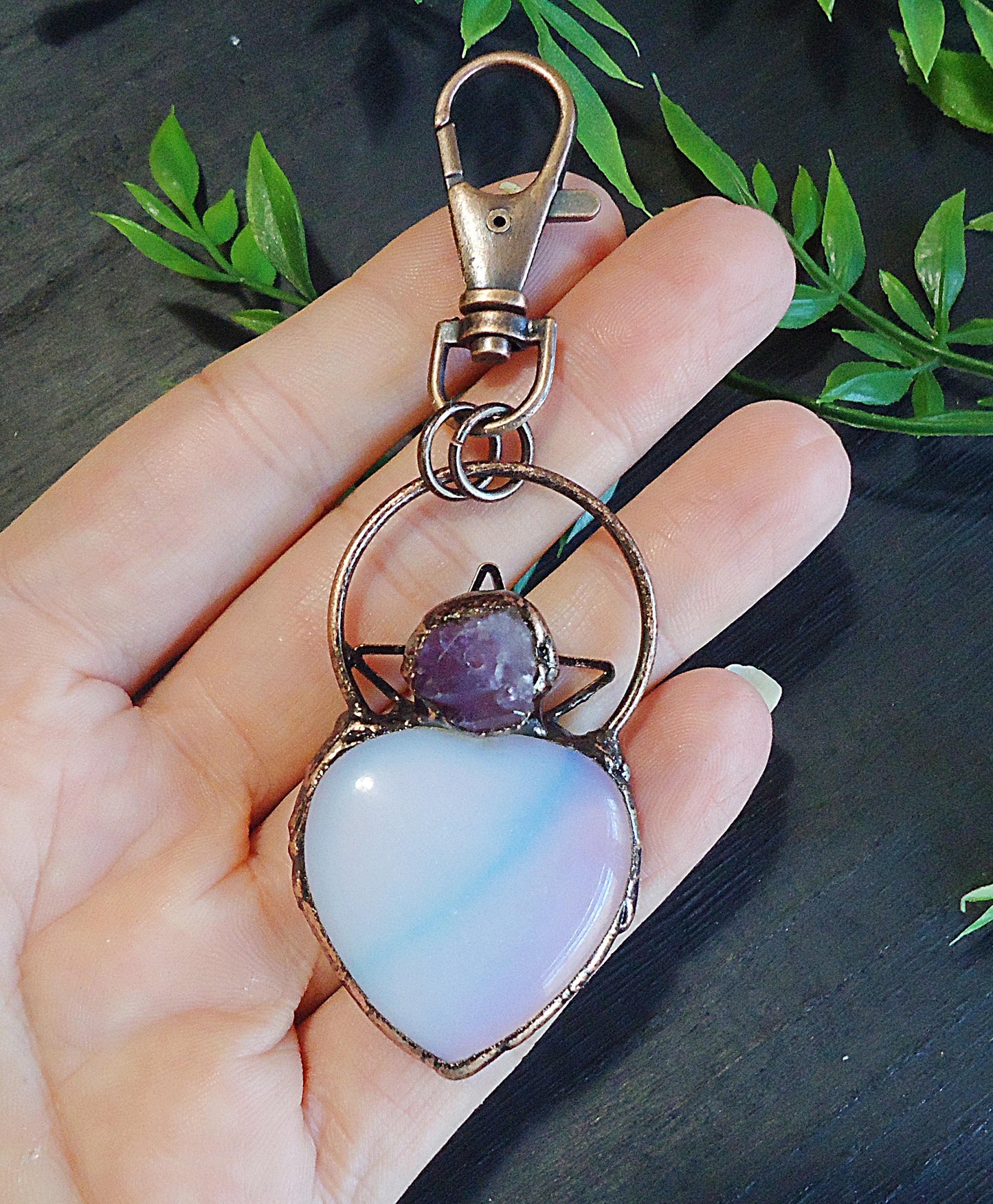 Opalite Moonstone and Amethyst Large Stone Heart Bag Charm, Antique Copper, Swivel Clasp, 2.25" Dangle