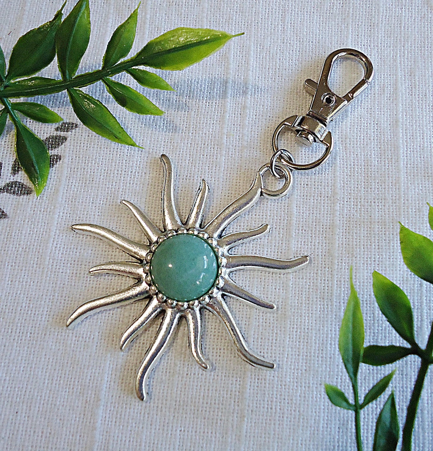 Sun and Stone Bag Charm, Zipper Pull, Large Silver Sun, Lapis Lazuli, Green Aventurine, Amethyst, Peach Quartz, Black Agate