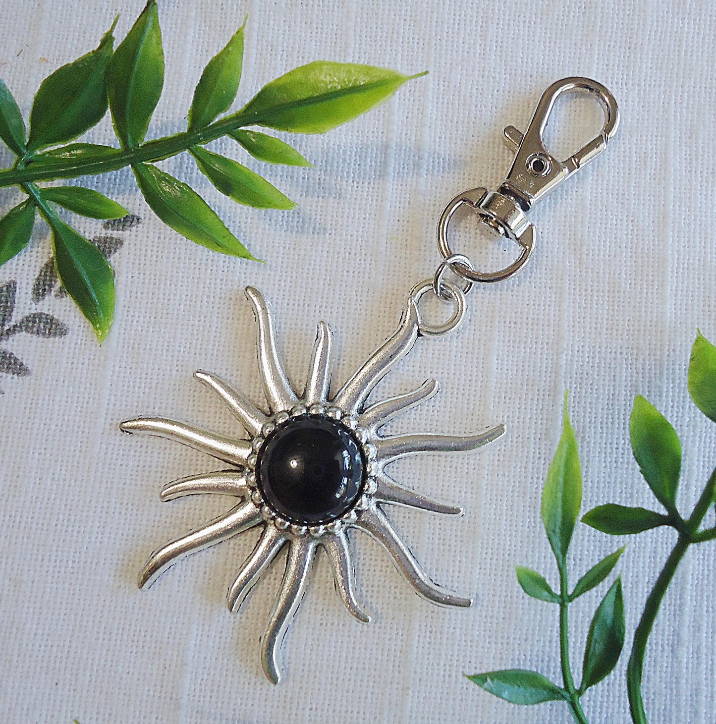 Sun and Stone Bag Charm, Zipper Pull, Large Silver Sun, Lapis Lazuli, Green Aventurine, Amethyst, Peach Quartz, Black Agate
