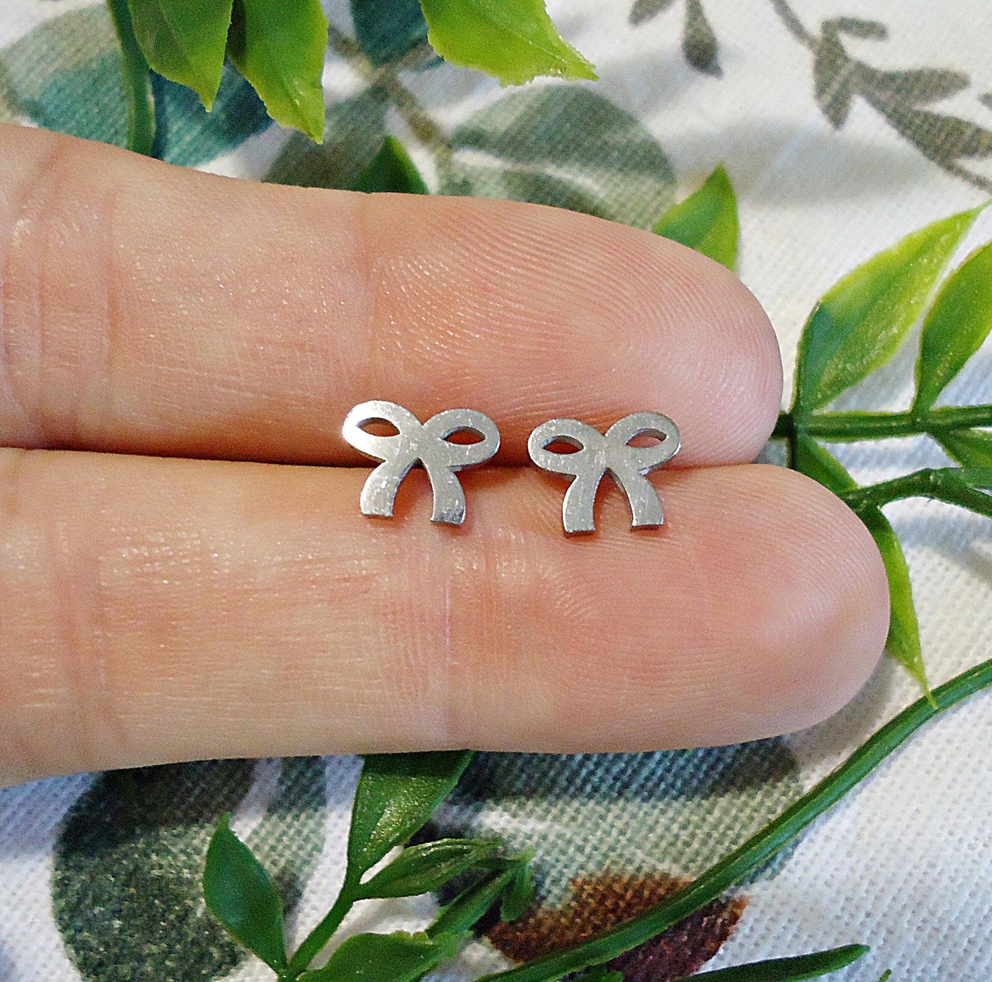 Small Silver Stud Earrings, Bow Knot, Ribbon, Cartilage Barbell, Screw Back, Stainless Steel, 8mm Wide, Hypoallergenic, Non-Tarnishing