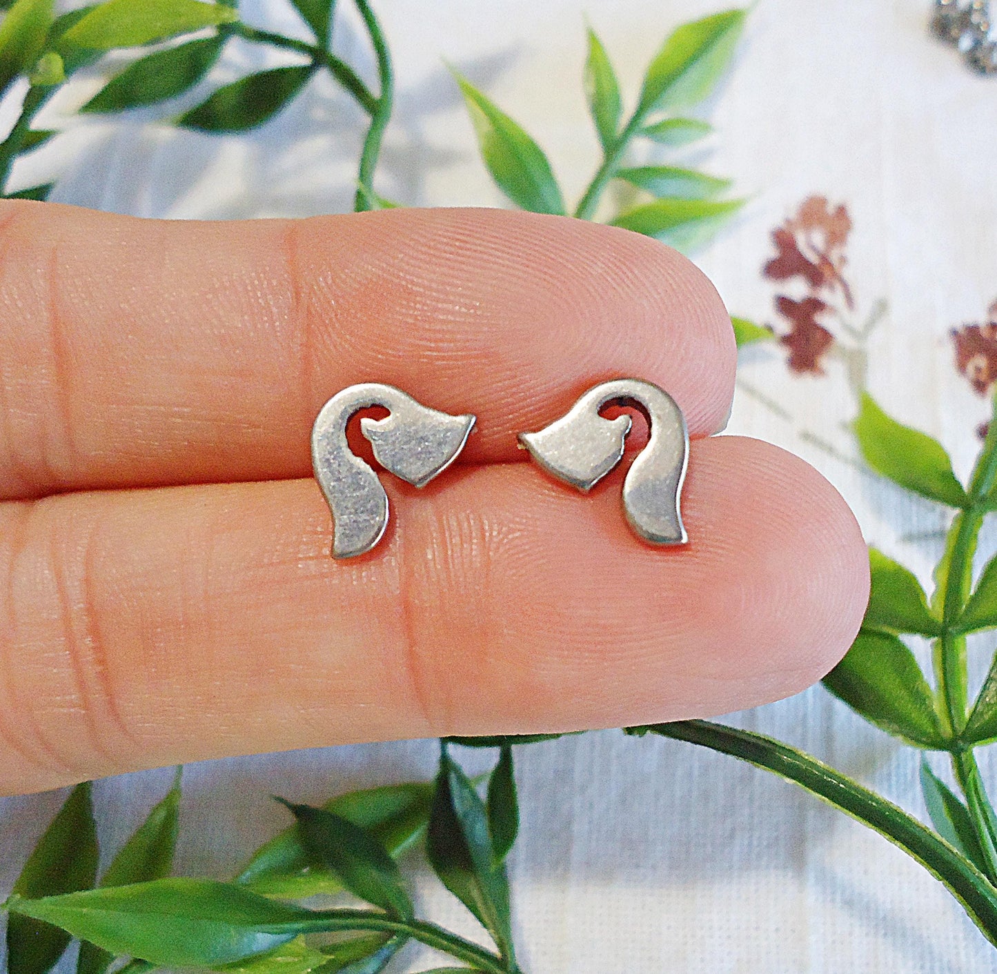 Tiny Silver Fox Tail Stud Earrings, Stainless Steel, 10mm, Hypoallergenic, Non-Tarnishing, Sleeping Fox Earrings