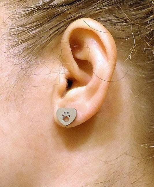 Tiny Silver Paw Print Heart Earrings, Stainless Steel, Non-Tarnishing, Hypoallergenic, 11mm, Dog Mom, Animal Lover, Dog Paw Print