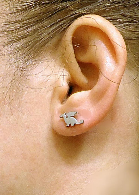 Tiny Flying Dragon Stud Earrings, Stainless Steel, Hypoallergenic, Non-Tarnishing, Silver Puff the Magic Dragon, 12mm x 9mm