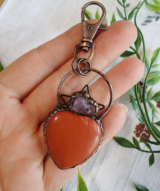 Red Jasper and Amethyst Large Stone Heart Bag Charm, Antique Copper, Swivel Clasp, 2.25" Dangle