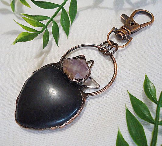 Black Obsidian and Amethyst Large Stone Heart Bag Charm, Antique Copper, Swivel Clasp, 2.25" Dangle