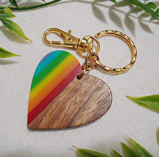 Large Heart Rainbow Wood Keychain Bag Charm, Rainbow Resin and Walnut Wood, Zipper Pull, Gold Hammered Keychain, Purse Charm