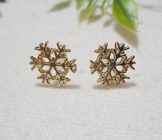 Gold Snowflake Stud Earrings, 9mm, Minimalist Christmas Winter Earrings