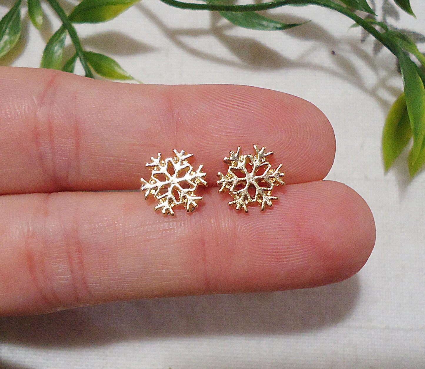 Gold Snowflake Stud Earrings, 9mm, Minimalist Christmas Winter Earrings