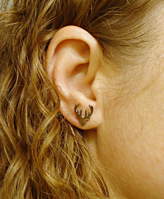 Small Christmas Reindeer Stud Earrings, Stainless Steel, 13mm, Hypoallergenic, Non-Tarnishing, Deer, Buck, Antlers, Silver