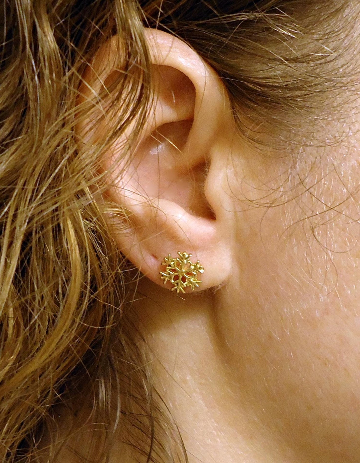 Gold Snowflake Stud Earrings, 9mm, Minimalist Christmas Winter Earrings