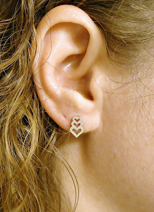 Small Silver Stud Earrings, Triple Hearts, Stainless Steel, 10mm, Hypoallergenic, Non-Tarnishing