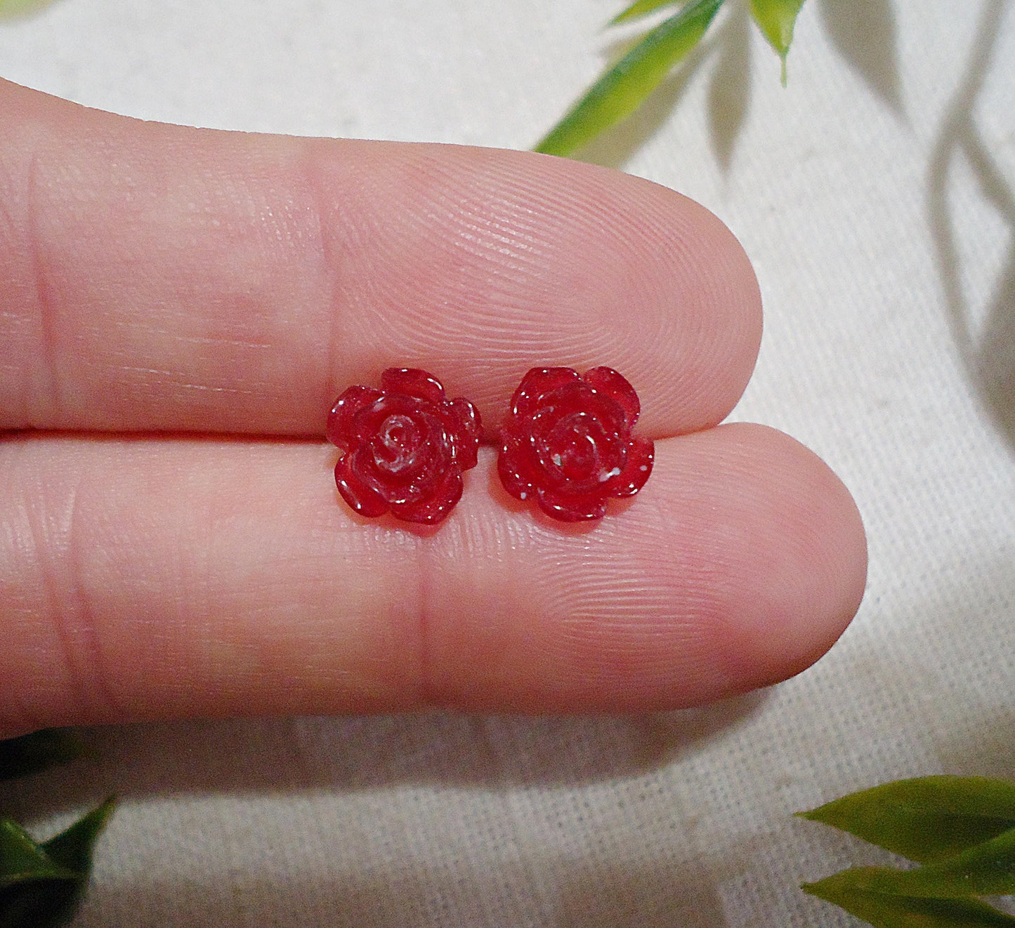 Two Pairs - Small Red Rose Earrings, Resin and Stainless Steel, 12mm and 8mm Wide, Hypoallergenic, Non-Tarnishing, 3 Dimensional Rose Petals