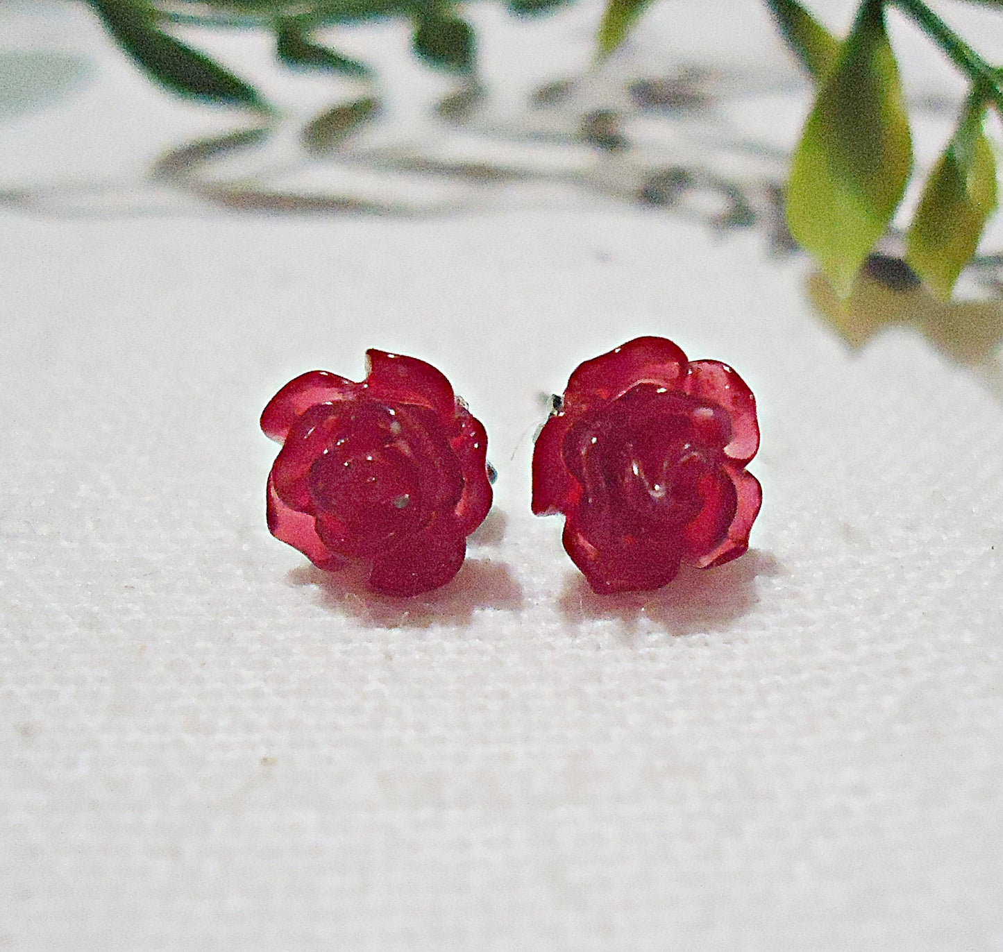 Two Pairs - Small Red Rose Earrings, Resin and Stainless Steel, 12mm and 8mm Wide, Hypoallergenic, Non-Tarnishing, 3 Dimensional Rose Petals