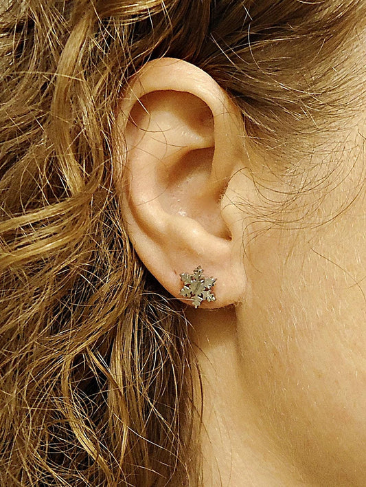 Silver Snowflake Stud Earrings, 10mm, Minimalist Christmas Winter Earrings, Stainless Steel, Hypoallergenic and Non-Tarnishing, Small Studs