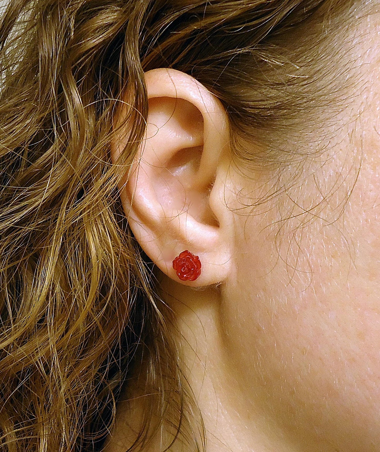 Two Pairs - Small Red Rose Earrings, Resin and Stainless Steel, 12mm and 8mm Wide, Hypoallergenic, Non-Tarnishing, 3 Dimensional Rose Petals