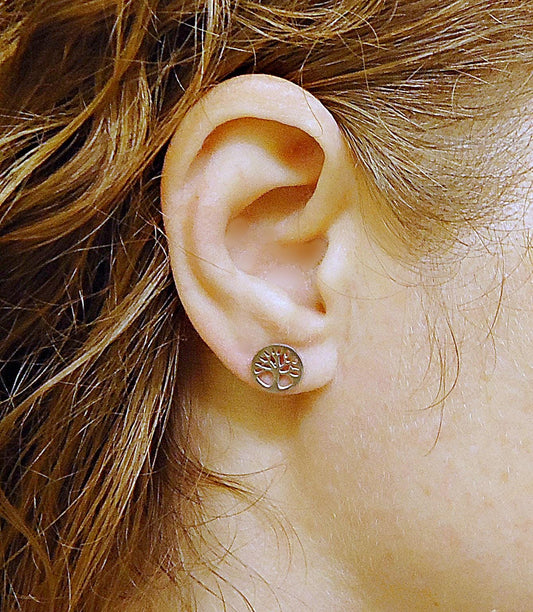 Small Silver Stud Earrings, Round Tree of Life, Stainless Steel, 10mm, Hypoallergenic, Non-Tarnishing, TOL, Tree of Life Earrings