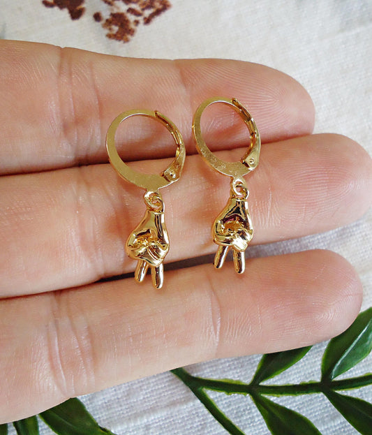 Small Peace Sign Earrings, Gold Brass Victory Sign, Peace Fingers Earrings, Gold Huggie Hoop Leverbacks, Minimalist