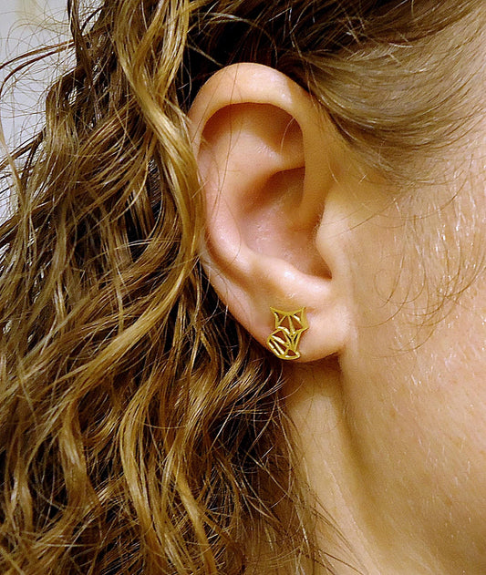 Tiny Gold Fox Stud Earrings, Gold Plated Stainless Steel, Hypoallergenic, 10mm Tall, Minimalist, Gold Origami Fox Post Earrings