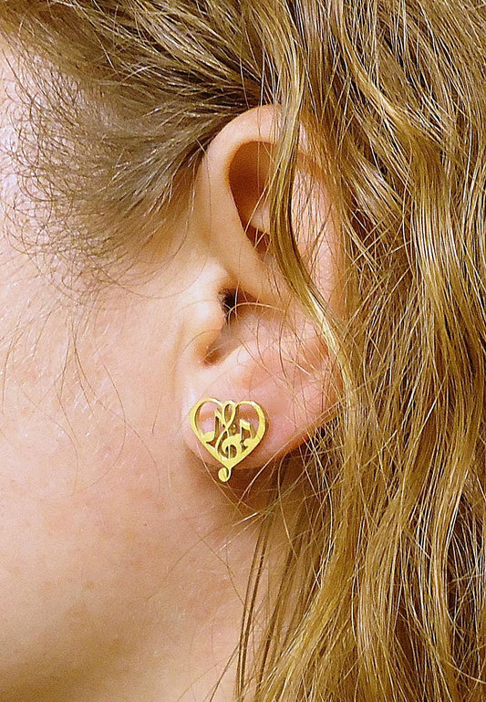 Small Gold Stud Earrings, Music Notes in Heart, I Love Music Earrings, Stainless Steel, Gold Musician Post Earrings, Hypoallergenic