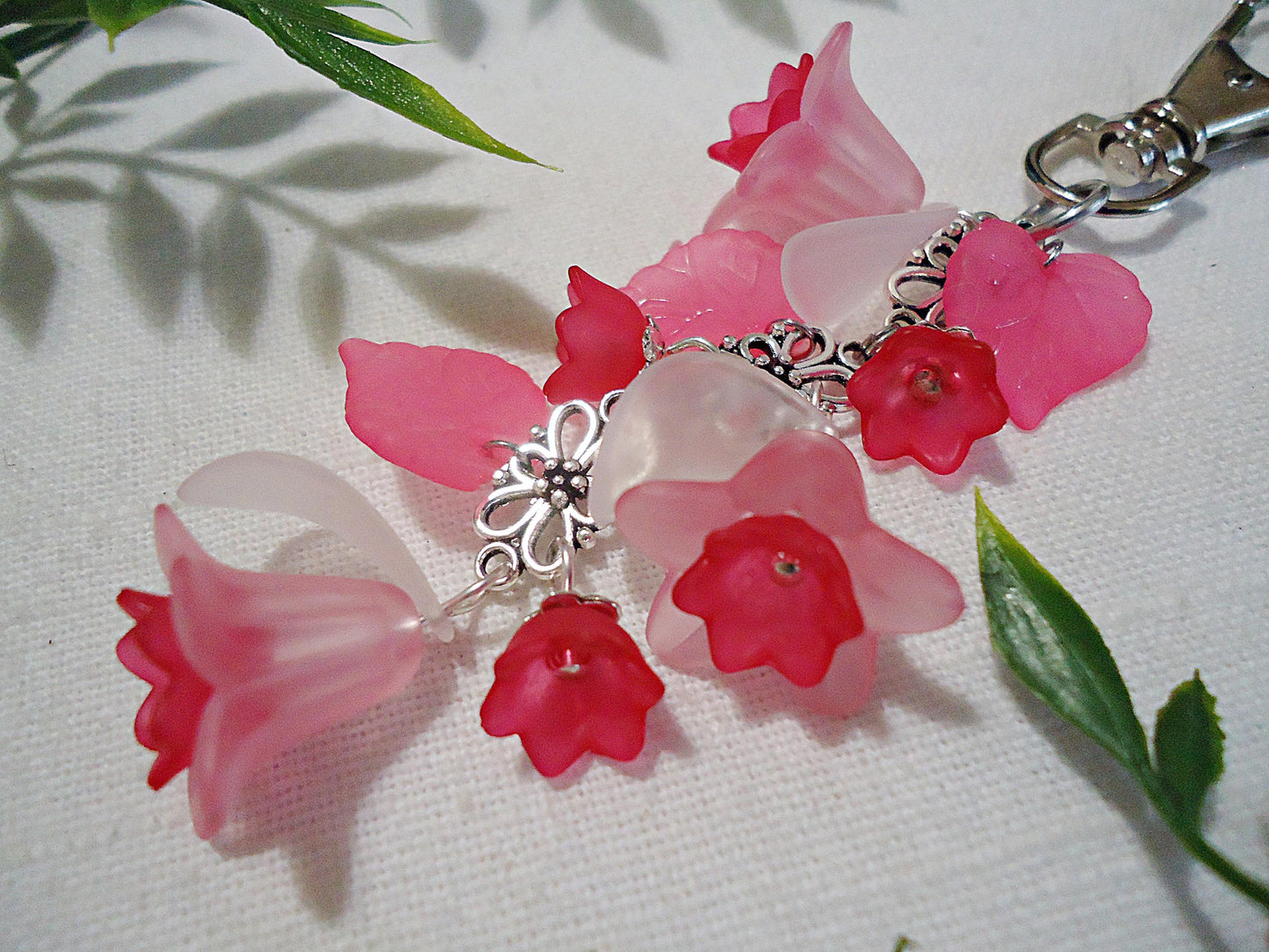 Bag Charm, Pink Flowers, White Petals, Silver or Gold, Swivel Clasp, Key Chain, Zipper Pull, Purse Charm, Lily of the Valley, Magenta Tulip