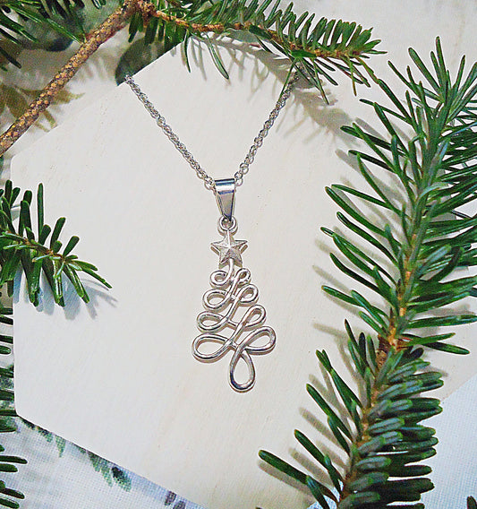 Christmas Tree Necklace, Stainless Steel, Silver, 18 inch Necklace, 1 1/8" Pendant