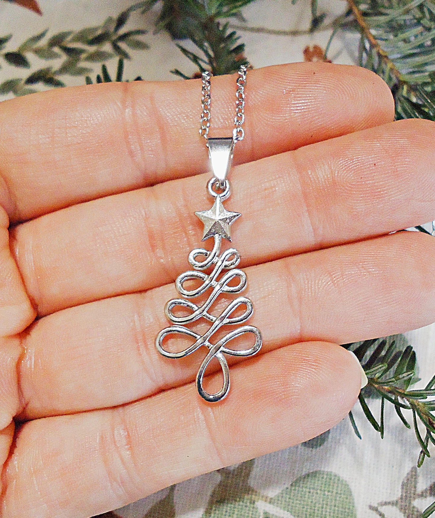 Christmas Tree Necklace, Stainless Steel, Silver, 18 inch Necklace, 1 1/8" Pendant