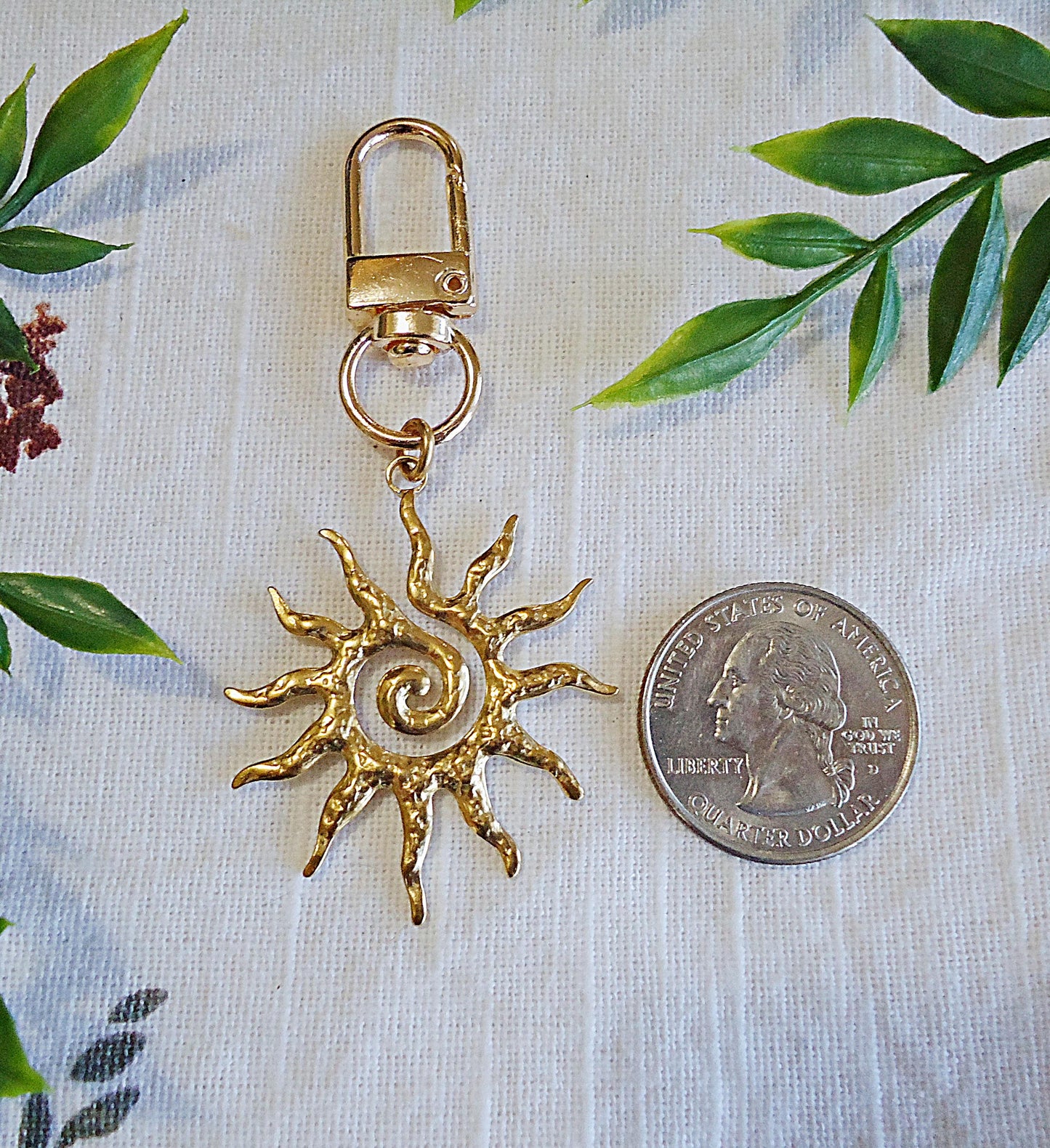 Hammered Golden Sun Bag Charm, Zipper Pull, Bag Clip