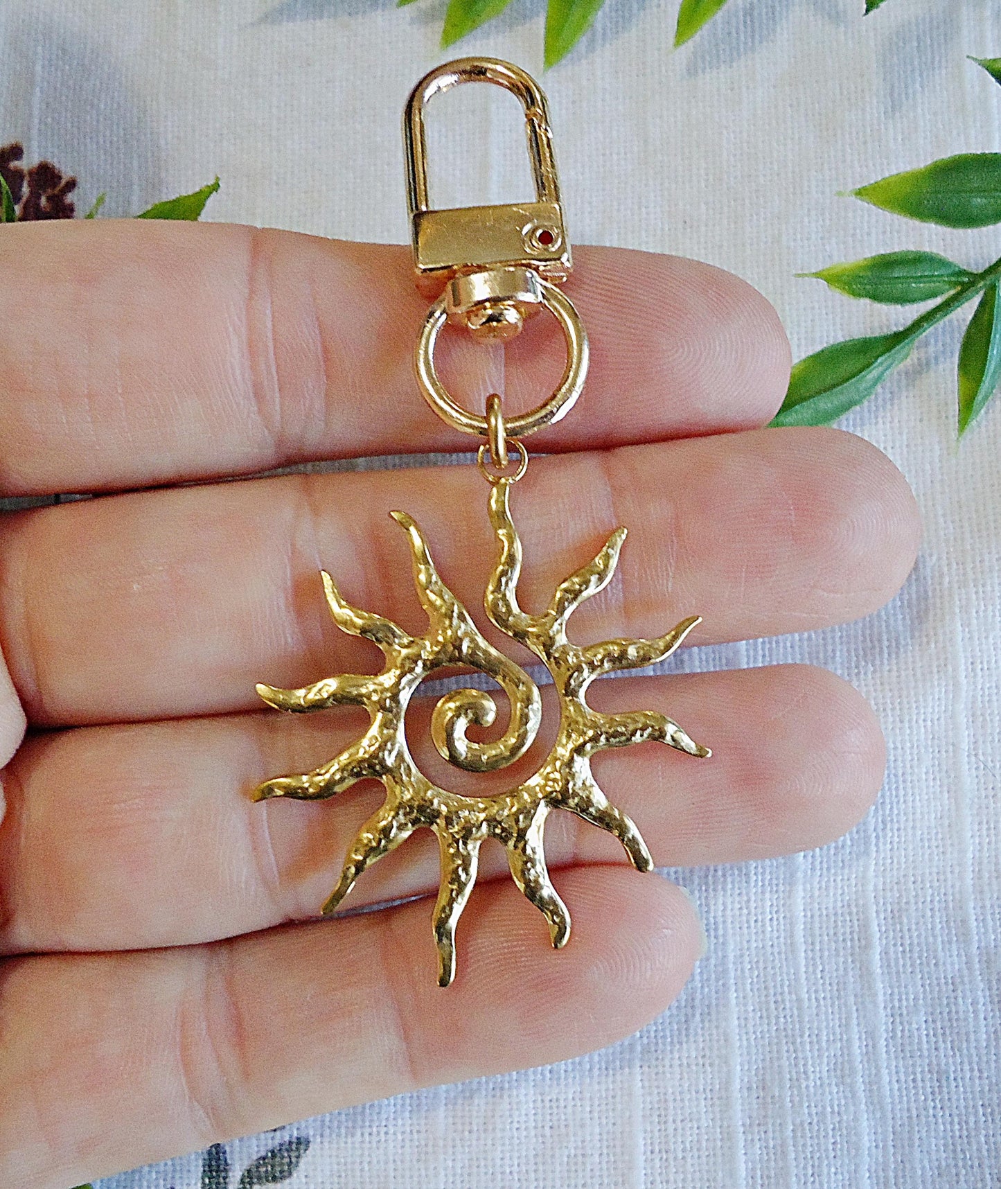 Hammered Golden Sun Bag Charm, Zipper Pull, Bag Clip