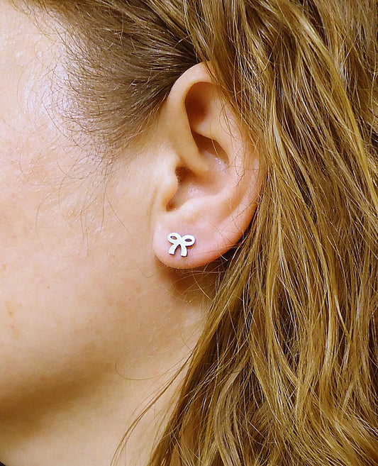 Small Silver Stud Earrings, Bow Knot, Ribbon, Cartilage Barbell, Screw Back, Stainless Steel, 8mm Wide, Hypoallergenic, Non-Tarnishing