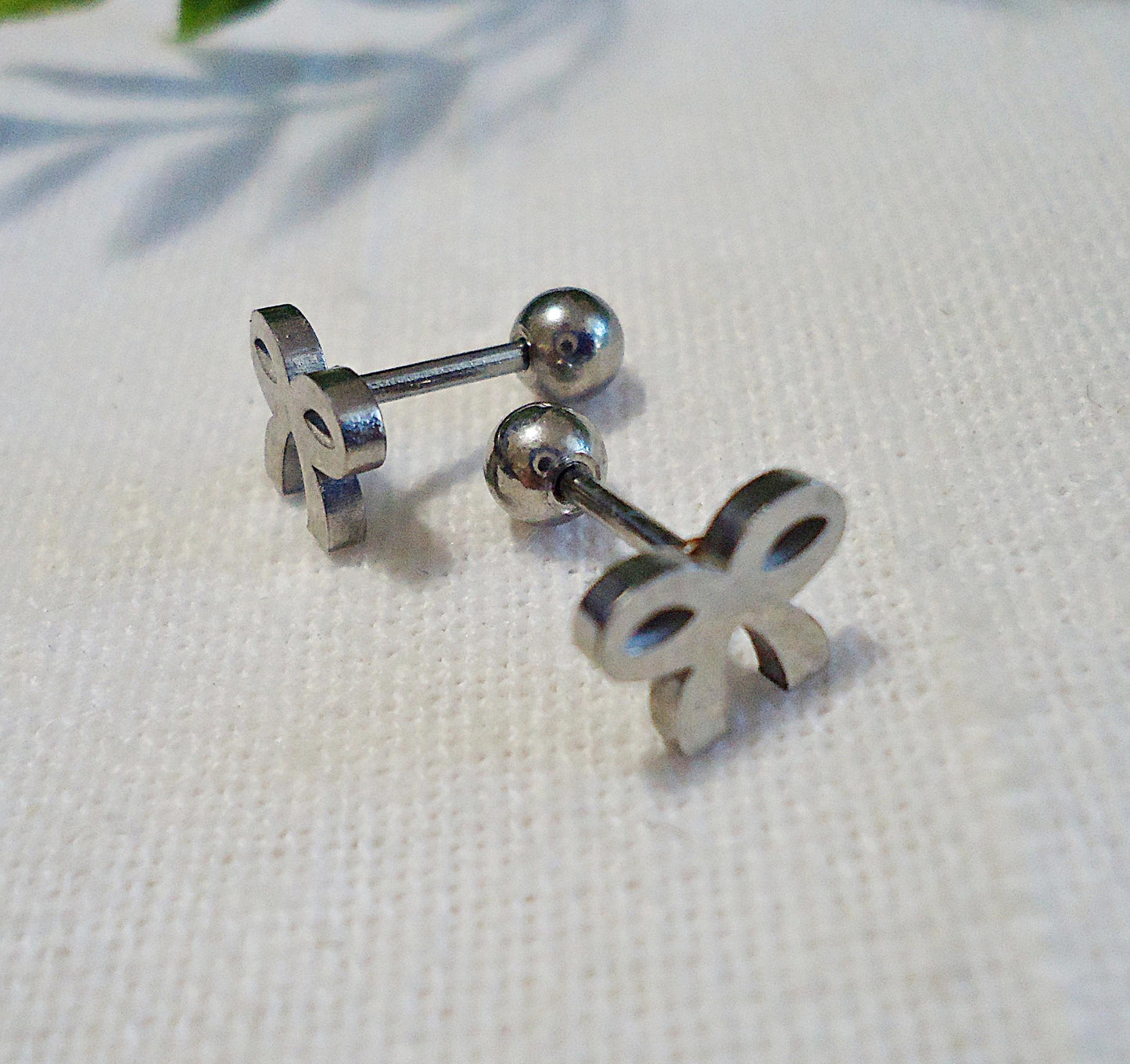 Small Silver Stud Earrings, Bow Knot, Ribbon, Cartilage Barbell, Screw Back, Stainless Steel, 8mm Wide, Hypoallergenic, Non-Tarnishing