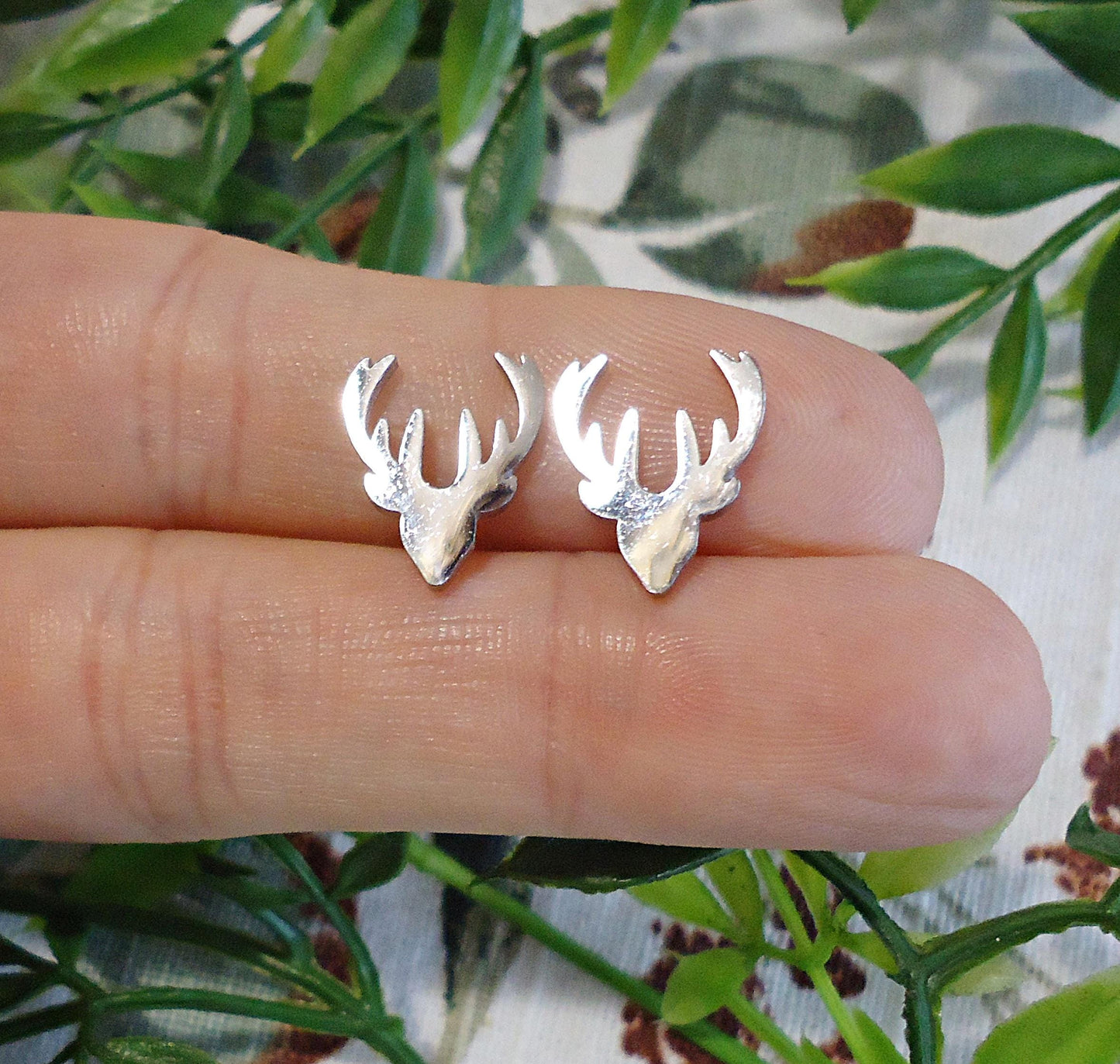 Small Christmas Reindeer Stud Earrings, Stainless Steel, 13mm, Hypoallergenic, Non-Tarnishing, Deer, Buck, Antlers, Silver